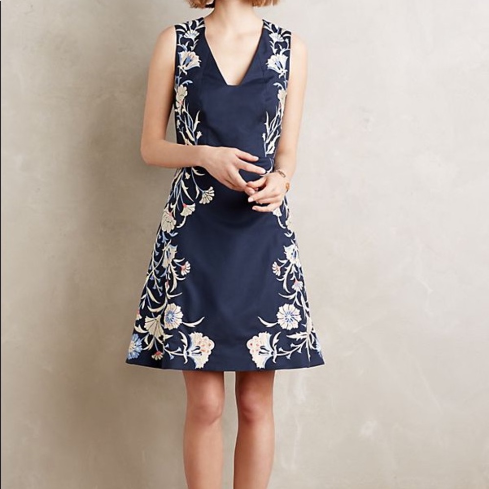 Anthropologie Embroidered Navy Dress